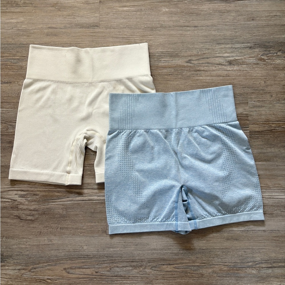 Set of Cream and Blue High-Waisted Shorts